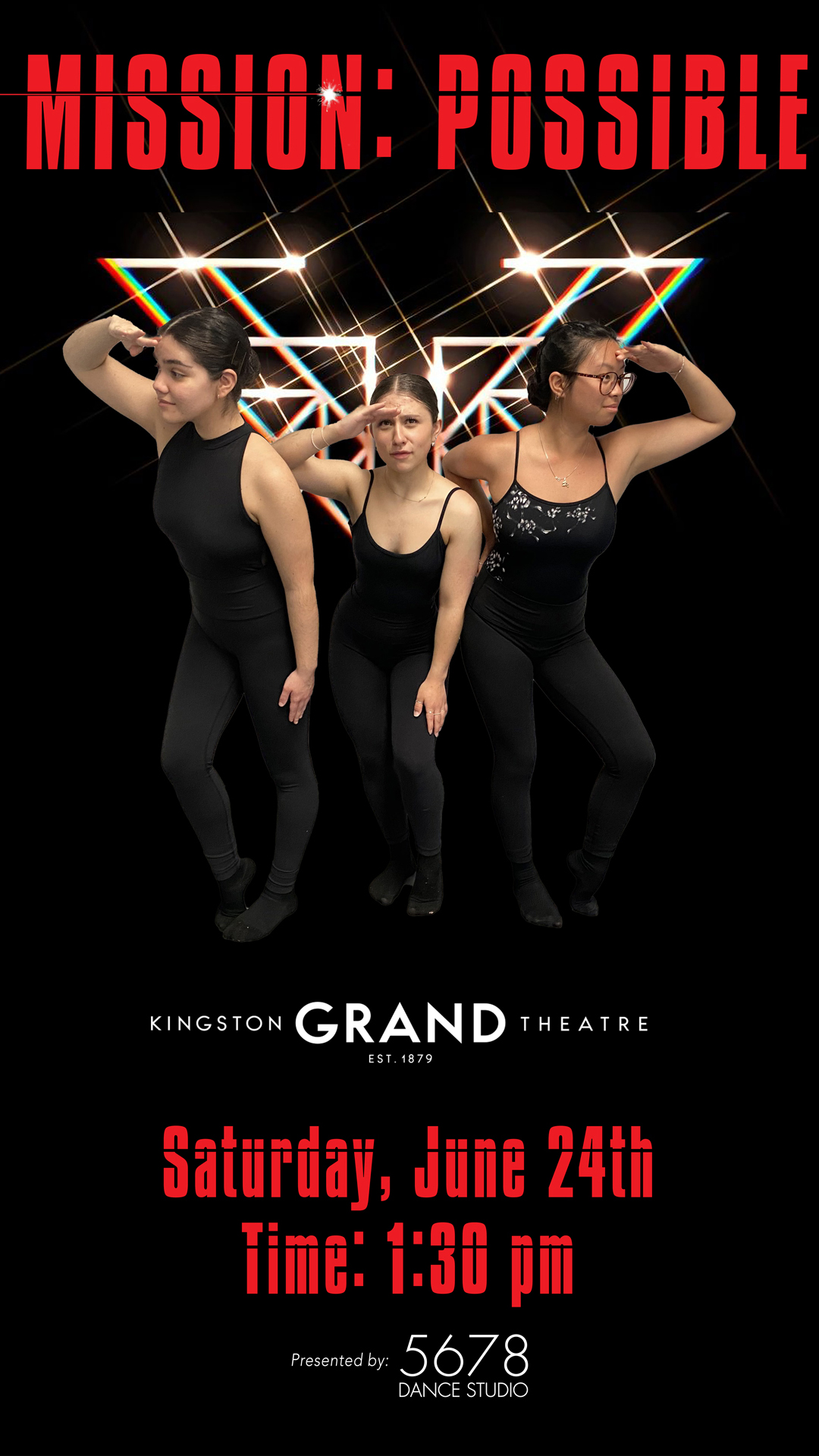 three dancers in black, using their hands to shield their eyes as they look around