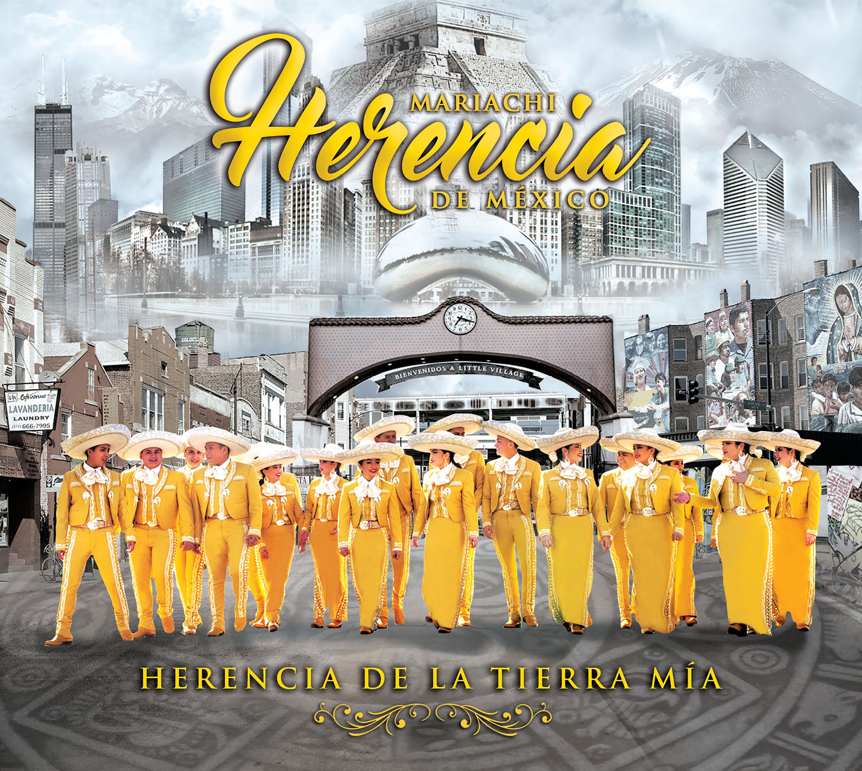 Youthful group of mariachi band members standing in front of a Chicago backdrop.