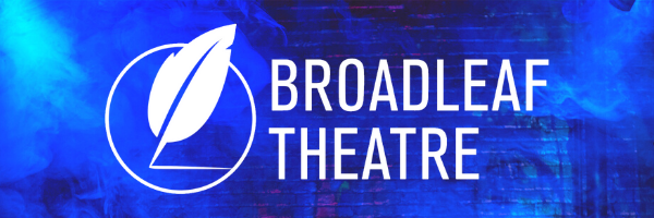 Blue background with the Broadleaf Theatre logo in white over it