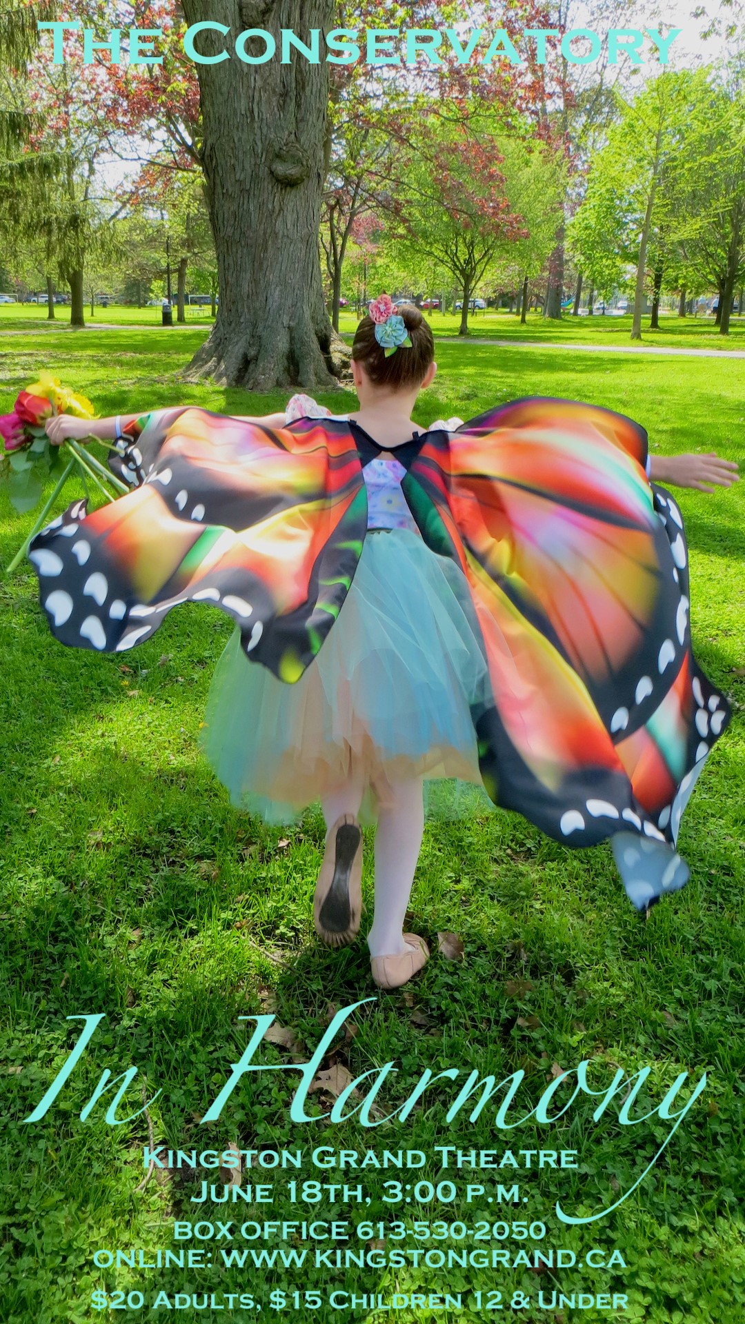 child dancer running away towards trees wearing beautiful butterfly wings