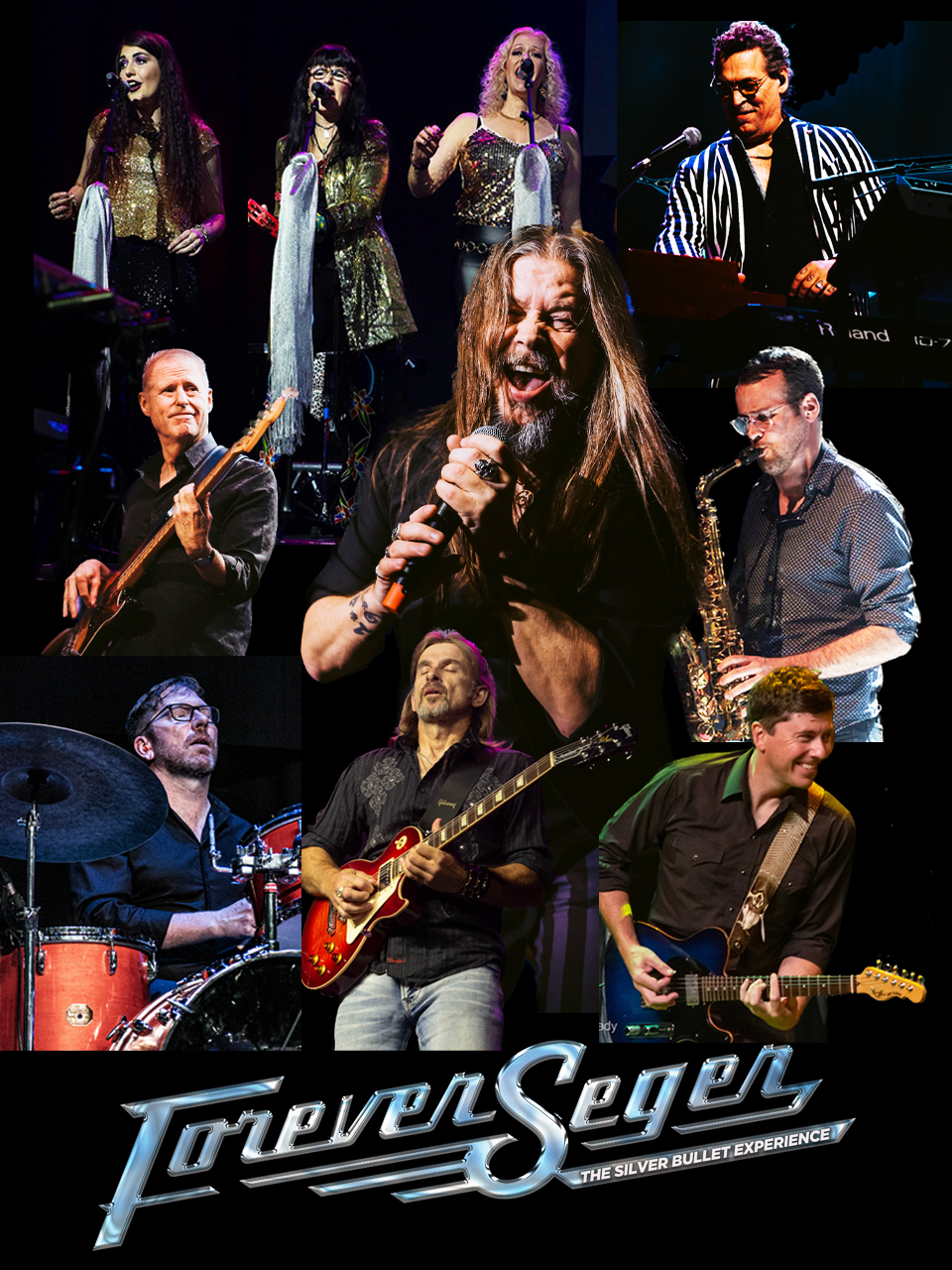 All members of Forever Seger super imposed over a black background with Forever Seger on the bottom