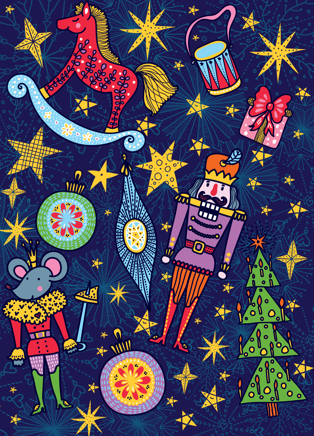 a blue background with hand drawn Christmas items