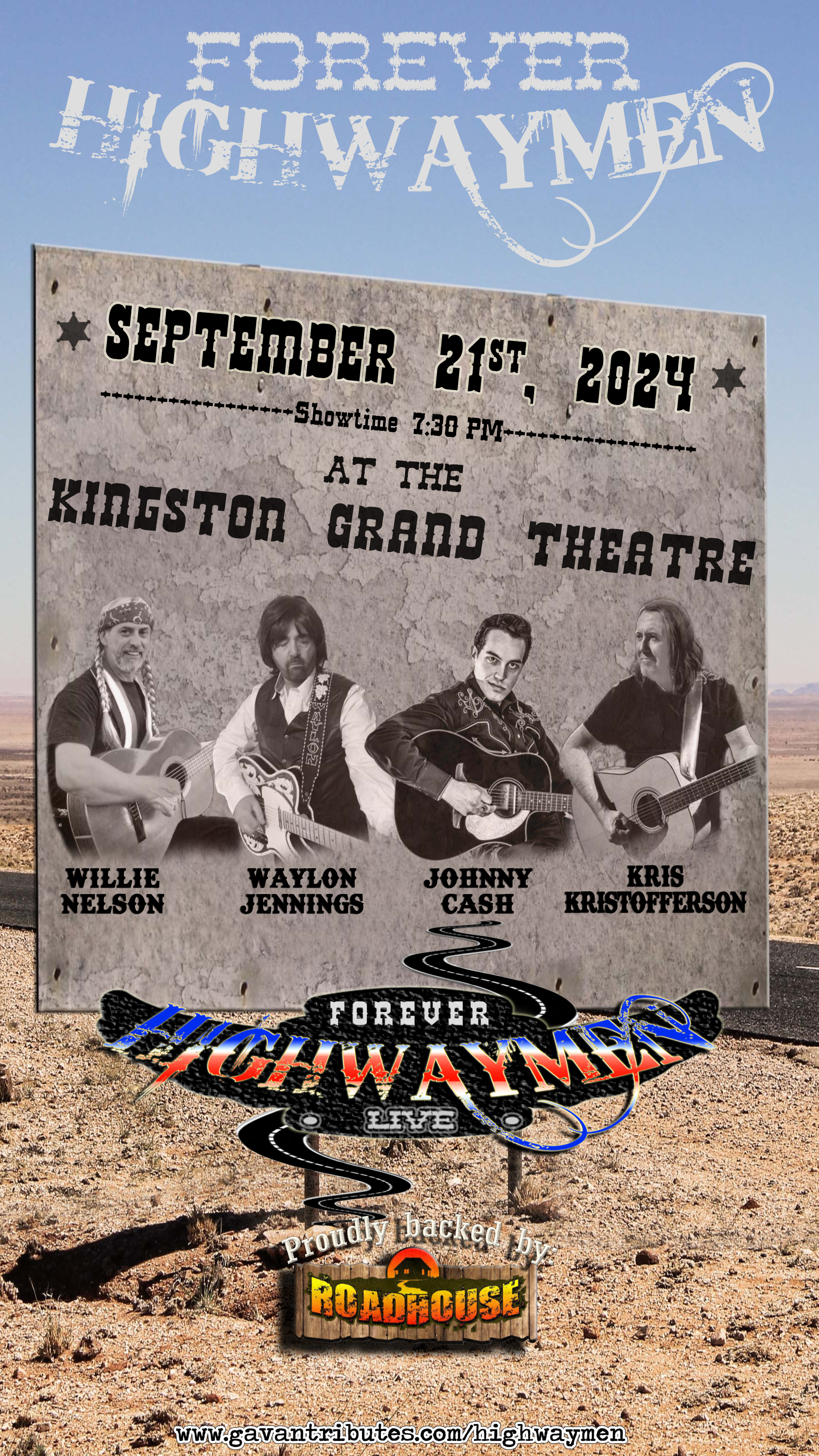 desert background with a black and white wanted poster with four musicians