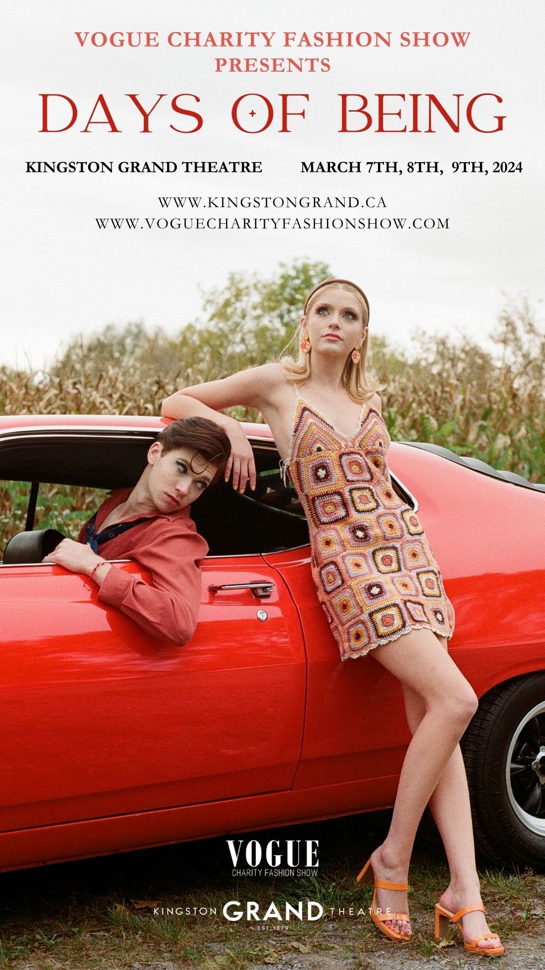 female in a short dress, leaning against a red car with a male leaning out of the window