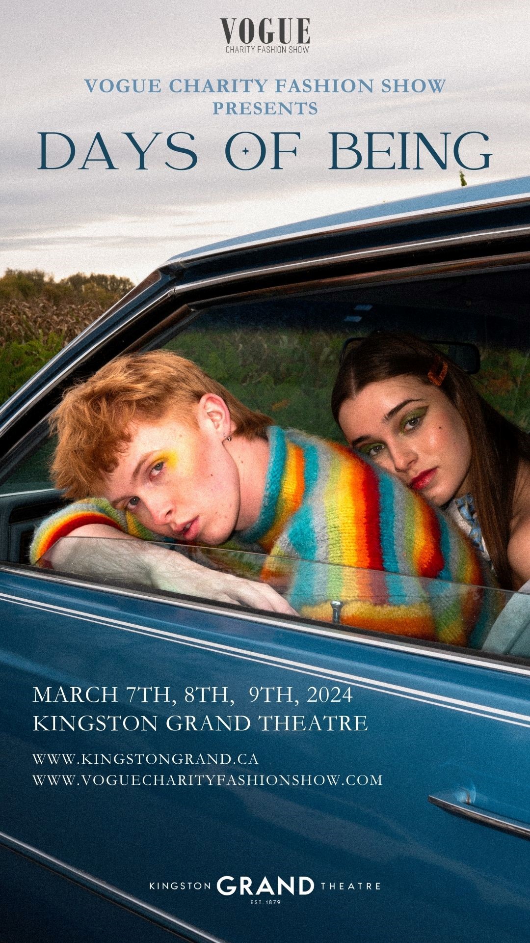 a redhead and brunette leaning out the window of a blue car