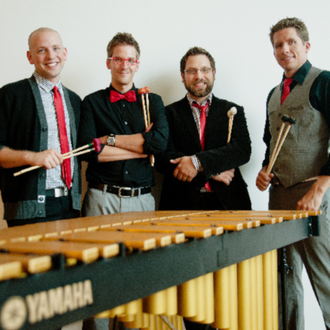 TorQ Percussion Quartet with intruments, in a line