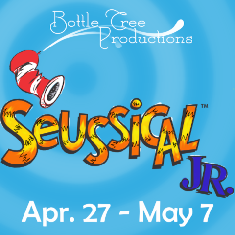 Seussical JR in cat in the hat text on a blue background