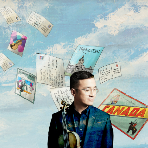 male violin player with letters and postcard flying around behind him