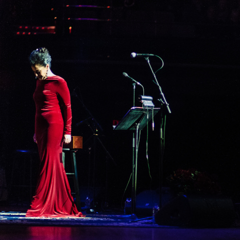 Molly Johnson in a red dress on stage, looking down and to the left.