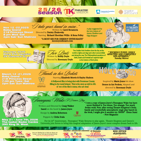 "Poster for Theatre Kingston’s 2025/26 season featuring five productions, camp programs, and TK Fringe festival dates