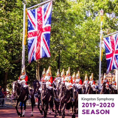 Horses and soldiers marching with British flags flying