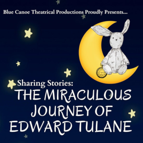 A bunny sitting on a crescent moon, a navy blue background with stars