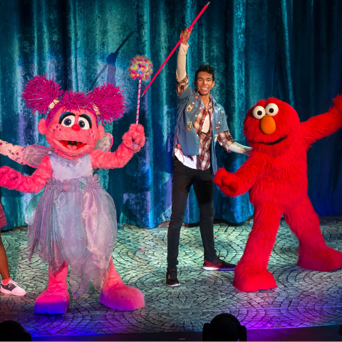 Sesame street characters dancing on stage.