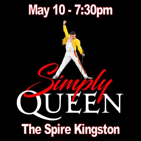 performer at the front of a logo stating Simply Queen