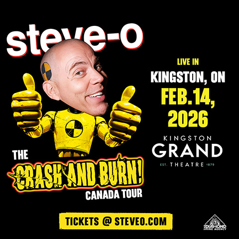 Promotional poster for Steve-O's 'The Bucket List Tour' in Kingston, Ontario on February 14, 2026. Features Steve-O's head on a cartoon crash test dummy body giving two thumbs up. Event at Kingston Grand Theatre. Tickets available at steveo.com