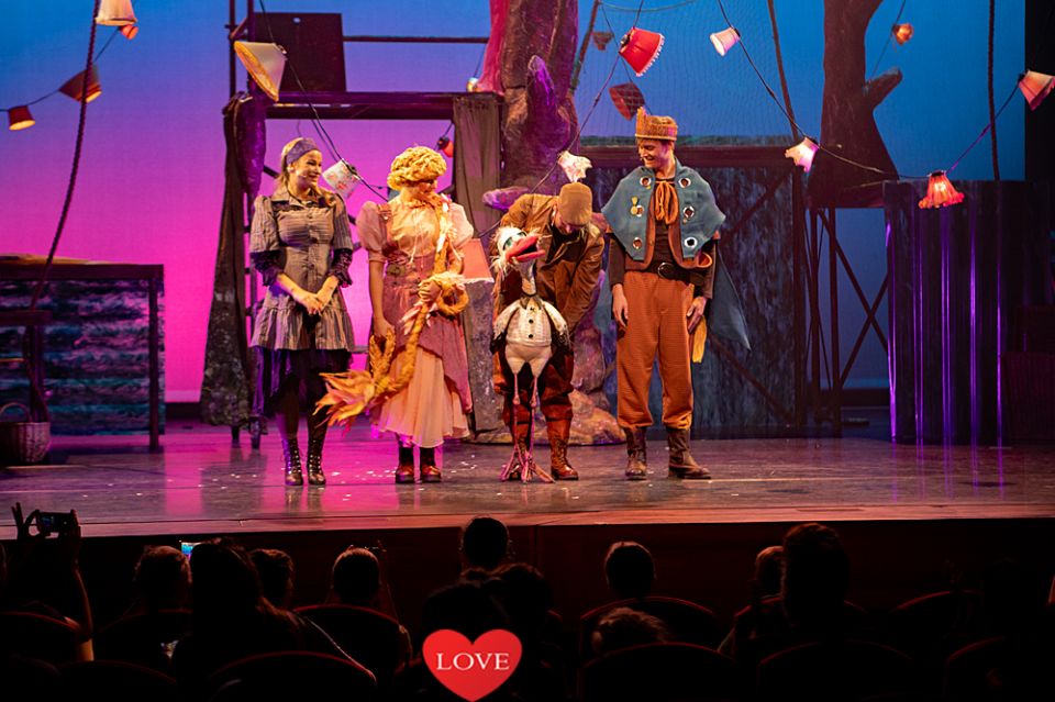 Cast of Rapunzel standing on a stage.