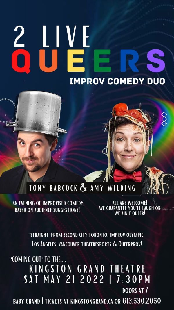 Tony Babcock with strainer on his head & Amy Wilding covered in spaghetti