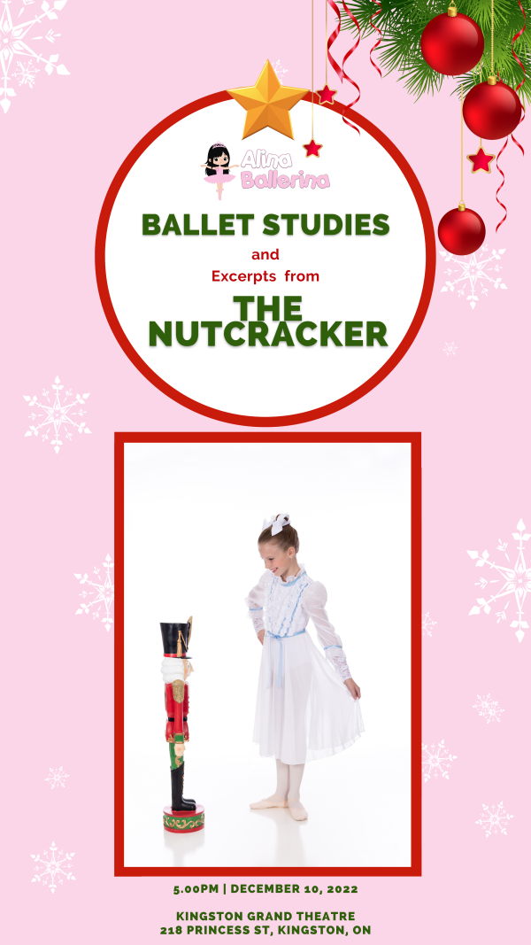 Pink background with a tiny ballerina looking at a large Nutcrackers