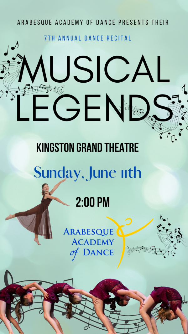 Musical Legends teal blue poster with a row of dancers along the bottom and the title Musical Legends on the top