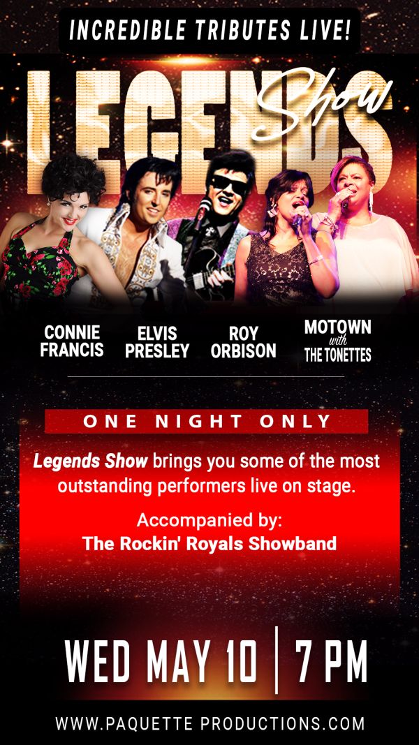 in gold lettering - Legends Show with pictures of the performers