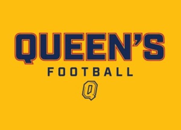 yellow background with QUEEN's FOOTBALL in blue