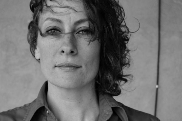 black and white closeup of Sarah Harmer with hair swept across her forehead